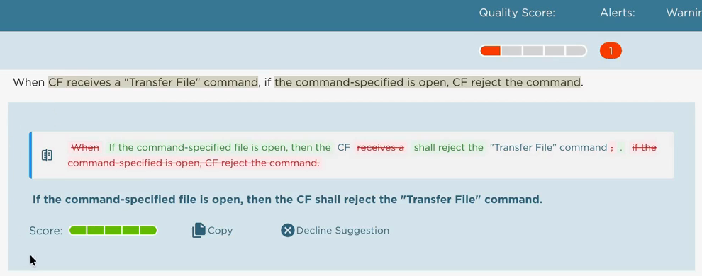The rewrite review: the original requirement with every change marked in a tracked-changes view, the clean rewrite below, its new score, and the copy and decline controls